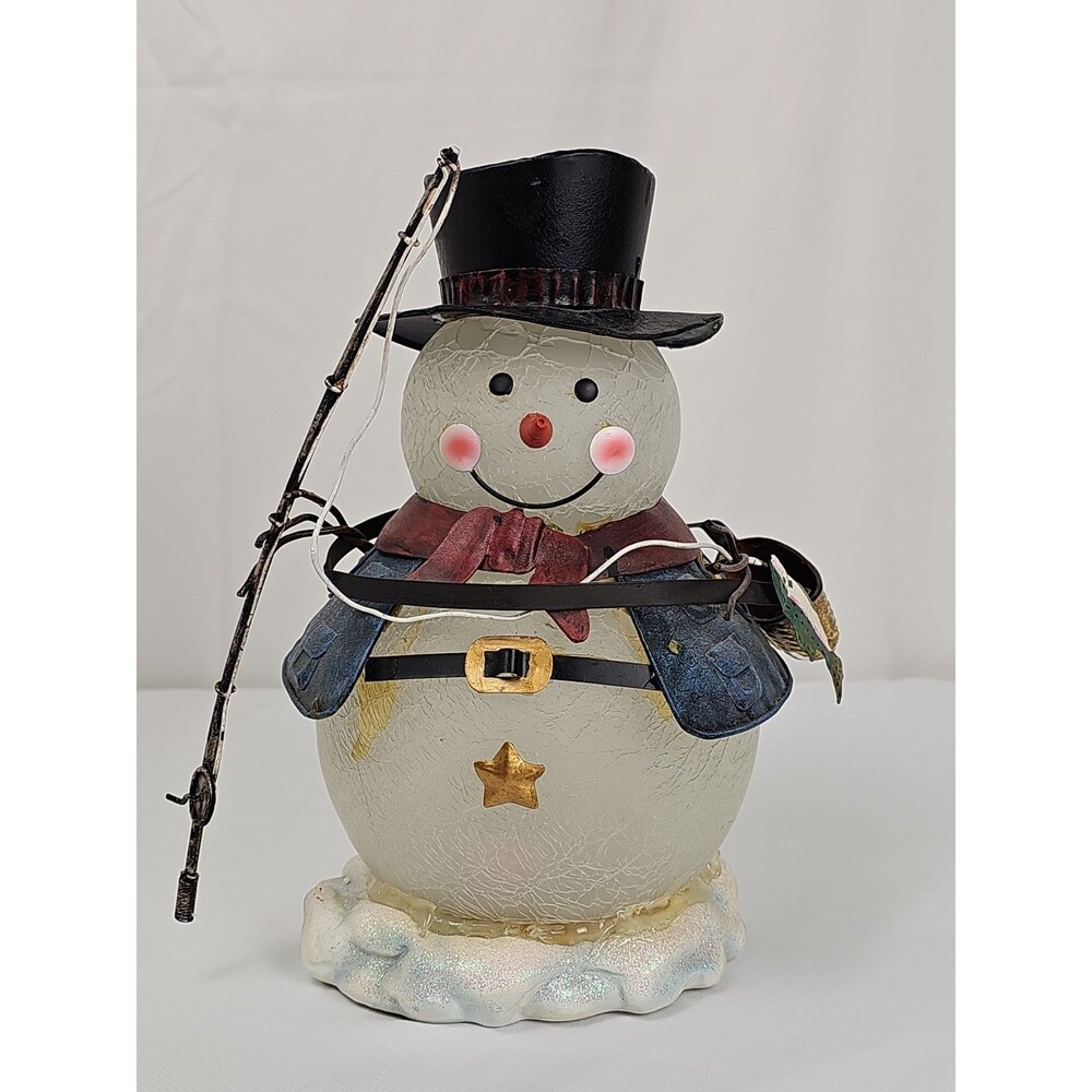 Kirkland's Fishing Snowman Collectible Lighted Crackle Glass Holiday Decor